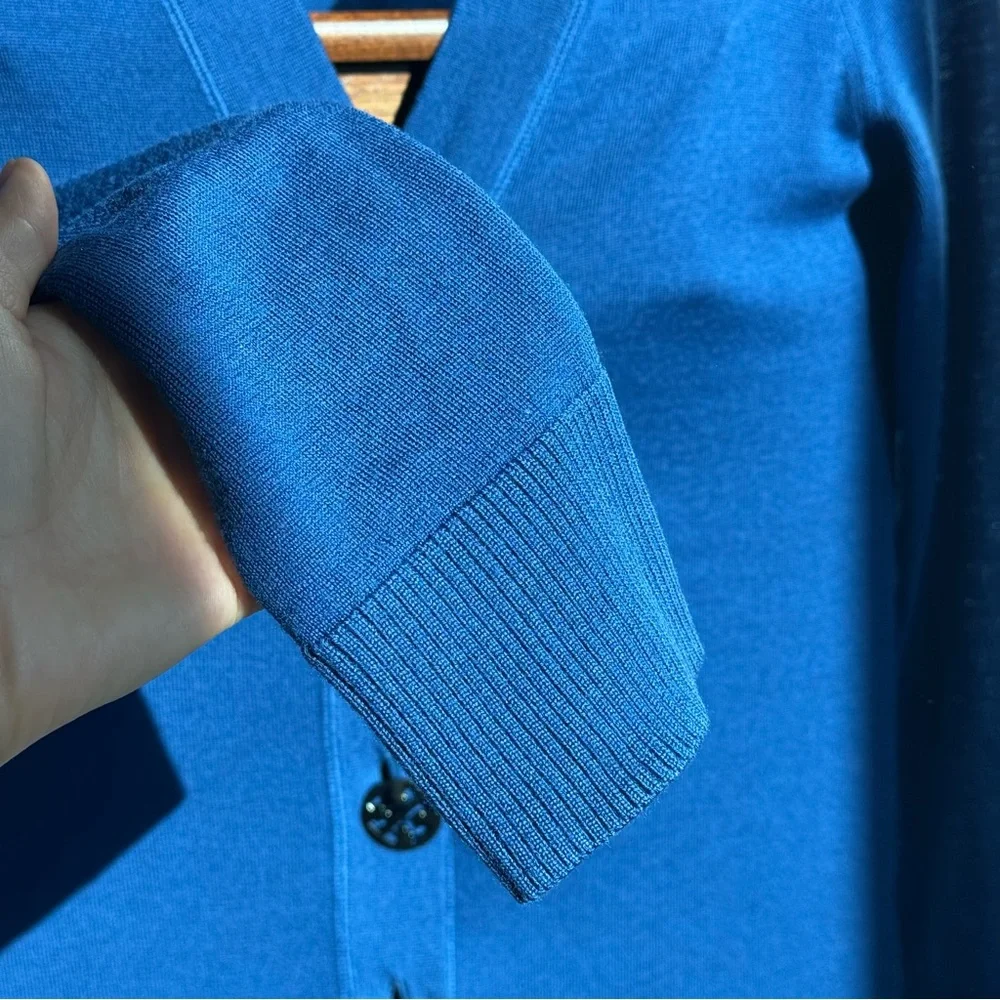 Tory Burch 100% Merino Wool Logo Button V-Neck Cardigan Sweater Blue M